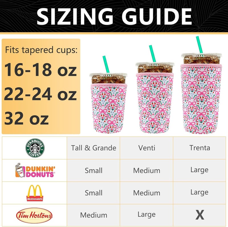 YR Reusable Neoprene Insulator Sleeve for Iced Coffee Cups, 3 Pack Coffee Coolies sleeves for Iced & Hot Drinks, Cold Beverage Cooler Compatible with Starbucks Coffee and More (Pink Bows) - Image 3